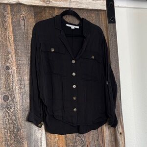 Black Button-Down Linen Top with Chest Pockets